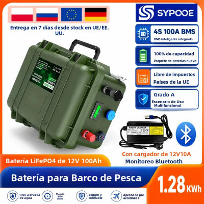Batería LiFePO4 de 12V 100Ah 140Ah Portátil con USB PD, 6000 Ciclos, Bluetooth, BMS, IP65, Batería de Litio de 12.8V para Motor de Pesca