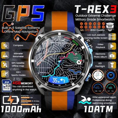 2025New hombres militar GPS mapa reloj inteligente T-Rex3 brújula 4GB de memoria 1000mAh batería 10ATM impermeable HD Bluetooth llamada Smartwatch