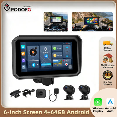 Podofo Grabadora DVR para Motocicleta de 6 Pulgadas, 4+64GB, Navegación GPS, Monitor de Presión de Neumáticos, Reproductor Inalámbrico Carplay, Android Auto, Grabadora de Conducción, Monitor para Moto