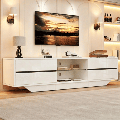 Mueble para TV de suelo de 160*35*44.5 cm, mueble para TV bajo con 2 puertas, mueble para TV, mesa para TV, apto para TV de 65 pulgadas, color blanco