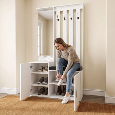 Comanlai - Conjunto de Banco para Zapatos y Perchero Blanco para Montar en la Pared - Mueble Minimalista y Multifuncional para Entrada con Cojín Extraíble, Ideal para Pasillos y Entradas