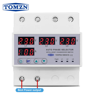 Relé Protector de Tensión y Corriente Ajustable 100A TOMZN Trifásico 3P+N para Riel DIN con Monitor de Protección contra Sobretensión y Baja Tensión