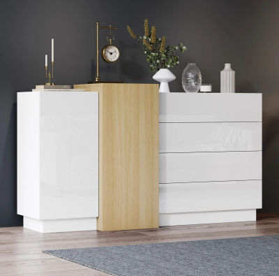 Aparador Blanco de Alto Brillo con Detalles en Madera, 140x35x76.5 cm, Mueble de Almacenamiento Moderno y Minimalista
