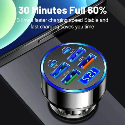 Cargador de Coche de 6 Puertos, Cargador Rápido QC3.0, Adaptadores Multifunción con Pantalla, Accesorios para Automóviles con Enchufes Ambientales PD
