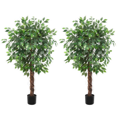 Paquete de 2 Árboles Artificiales de Ficus de 1.5 m, Planta Artificial con 756 Hojas Planas y Maceta Negra, Árbol de Ficus Artificial de 2 Troncos para Decoración Interior y Exterior del Hogar y la