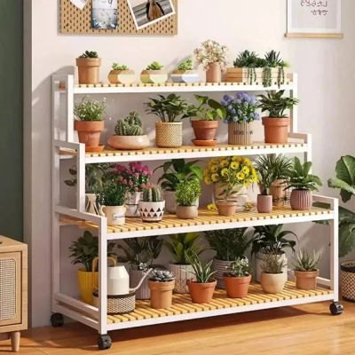 Estante móvil para flores, soporte de suelo blanco con ruedas, estante interior en capas, estante ajustable móvil y desmontable para lavabo de flores y plantas