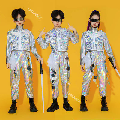 Traje láser espacial para niños, conjunto de baile robot, trajes de actuación plateados de pasarela futura de moda para hombres y mujeres