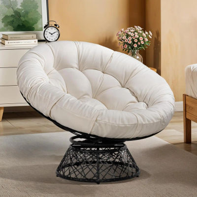 Talla Grande 360 ° Silla de Patio Giratoria Papasan con Cojín Grueso de 6 Pulgadas, Sillas de Mimbre Tejidas a Mano para Interiores/Exteriores, Balcón, Patio Trasero