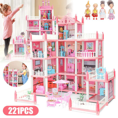 Casa de Muñecas de Juguete de Cuatro Pisos y 11 Habitaciones, Incluye Figuras de Muñecas y Muebles Completos, Regalo Multicolor para Juegos de Rol Infantiles