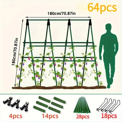 Un total de 64 accesorios: soportes de jardín (28 postes + 14 tubos de conexión + 18 hebillas de resorte + 4 horquillas en forma de A) para soporte de plantas y flores.