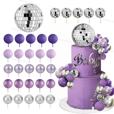 31 Uds. De bolas de discoteca moradas, decoraciones para pasteles, bolas plateadas con purpurina de perlas, adornos para tarta para boda, cumpleaños, Baby Shower, decoración para magdalenas