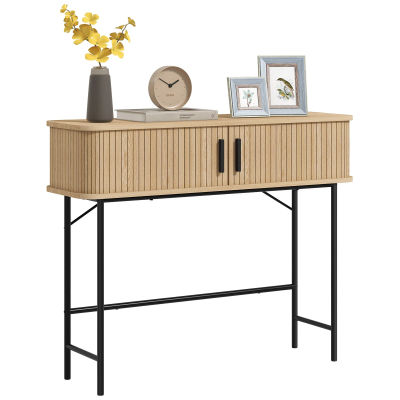 Mueble Consola Homcom, Mesa Consola con Puertas Corredizas de Listones y Patas de Acero, para Sala de Estar, Roble y Negro