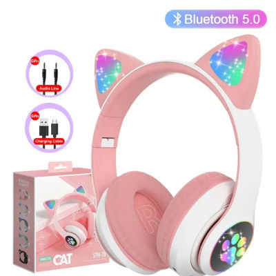 Auriculares Estéreo Bluetooth 5.0 con Micrófono y Lámpara de Destello, Auriculares con Orejas de Gato, Compatibles con Tarjeta TF, Auriculares Inalámbricos para Niñas, Regalo de Cumpleaños