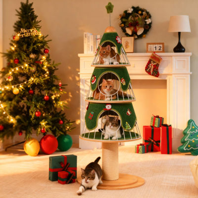 Torre de árbol para gatos para Festival de Navidad con 3 condones acogedores, postes para rascar sal, cama para gatos, muebles para gatos, accesorios para gatos