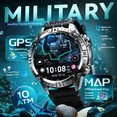 Nuevo Smartwatch Militar 2026 con GPS, Mapa Offline, Sumergible 10ATM, 2GB RAM, Música, Altímetro, Brújula, Llamadas BT, Fitness y Deportes para Hombre