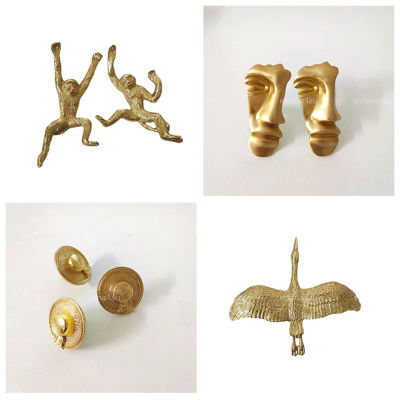 Tiradores dorados para muebles, pomos de puerta de latón macizo con forma de Animal, pez, cara artística, un solo orificio, para armario, cocina, cajón