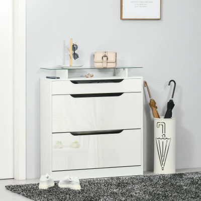 Mueble zapatero con 2 puertas plegables, 1 cajón, placa de cristal, 89x96cm, para 16 pares, blanco, MDF