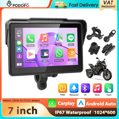 Podofo Reproductor Inteligente Portátil con Pantalla Táctil de 7'' Android Auto Carplay Monitor para Motocicleta con Monitoreo de Presión de Neumáticos, Ajuste Automático de Brillo, Configuración de