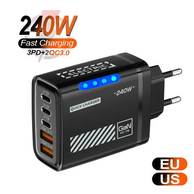 Cargador Rápido GaN de 5 Puertos y 240W, Cargador USB C PD, Adaptador de Pared QC 3.0 para iPhone, Samsung, Xiaomi, Huawei, Carga Rápida, Enchufe EU/US, LED