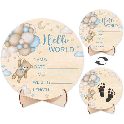 Letrero de Madera de Doble Cara para Recién Nacido, Letrero con Nombre de Oso Azul y Saludo Mundial para Baby Shower de Mamá Primeriza