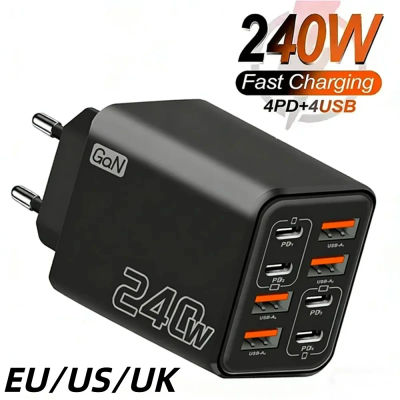 Cargador USB C GaN de 240W 8 en 1, adaptador de corriente de carga rápida para iPhone, Samsung, Xiaomi, con enchufe EU/US/UK, cargador de viaje.