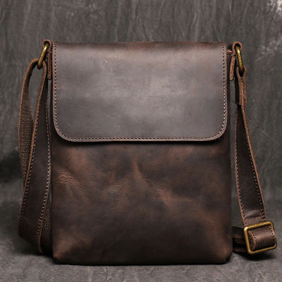 Bolso cruzado oscuro de cuero genuino Vintage, bolso para teléfono, bolso bandolera a la moda, bolso de piel de vaca para hombre, bolso para iPad de 7,9 pulgadas