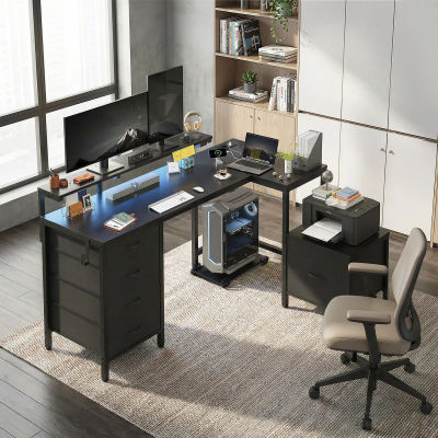 Devoko Escritorio Esquinero en L 160 cm con LED, Enchufes, Cómoda de 4 Cajones y Balda de Monitor, Negro