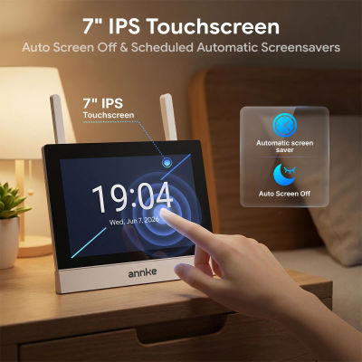 Sistema NVR inalámbrico con pantalla táctil IPS de 7", NVR WiFi de 4 canales y 8MP 4K, micrófono y altavoz integrados para audio bidireccional, compatible con retransmisión y repetición automática,