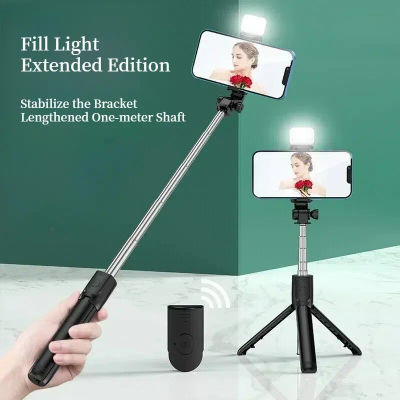 Trípode para Selfies con Control Remoto Bluetooth, Soporte para Teléfono con Luz de Belleza Integrada