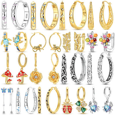Pendientes de Aro de Plata de Ley 925 con Diseño de Hongo, Rosa y Girasol, Serie de Plantas, para Mujer, Regalo de Boda, Compromiso o Aniversario