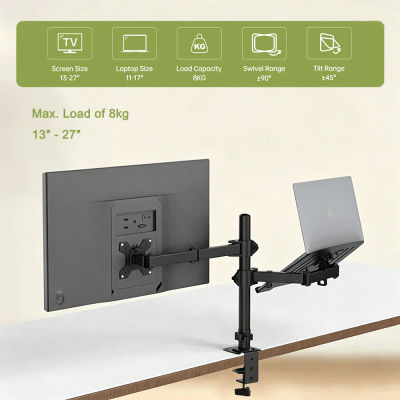 Soporte de monitor de doble brazo para pantallas de 13 a 27 pulgadas, con brazo ajustable para portátiles de hasta 17 pulgadas y un peso máximo de 8 kg. Periféricos de ordenador para el hogar y la