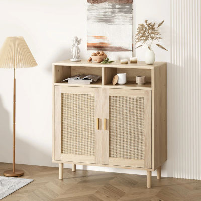 Aparador de Ratán con 4 Puertas y Estantes Ajustables - Mueble para Entrada, Sala de Estar, Comedor y Cocina