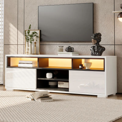 Mueble para TV con LED y espacio de almacenamiento, 2 puertas y compartimentos abiertos, compacto para salas de estar pequeñas, aberturas para cables, aglomerado Blanco