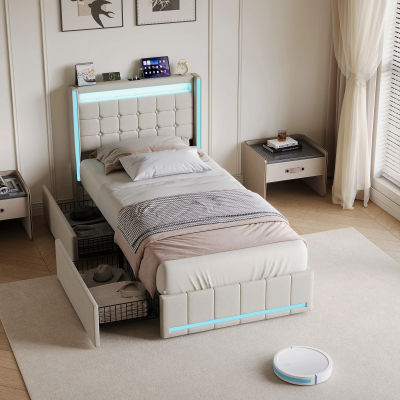 Superaly, Cama Individual 90x200cm, Cama Tapizada con Almacenamiento, con 2 Cajones y Cabecero, Camas Beige para Adolescentes, para Muebles de Dormitorio Modernos