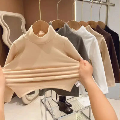 Top cálido de invierno para bebés, camiseta de manga larga con cuello medio alto y parte inferior de Color sólido interior de terciopelo para niños y niñas, ropa para niños