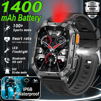 Nuevo reloj inteligente militar con batería de 1400 mAh para hombre, resistente al agua IP68, linterna, Monitor de salud, reloj inteligente deportivo con llamadas para iOS y Android