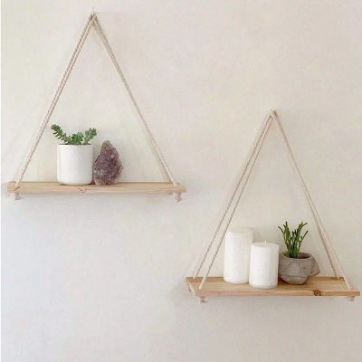Columpio de madera colgante cuerda de cáñamo estante de pared montado flotante hogar sala de estar planta maceta bandeja almacenamiento decoración de jardín