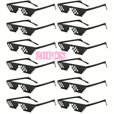 Gafas de sol negras para adultos y adolescentes, lentes de sol de 8 bits, con diseño de mosaico pixelado, accesorios para la cara, 20/6 piezas