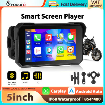 Monitor para Motocicleta Podofo de 5'' con Carplay y Android Auto, Pantalla Inteligente Impermeable IP68, Compatible con Detección de Presión de Neumáticos, GPS, Monitor BT
