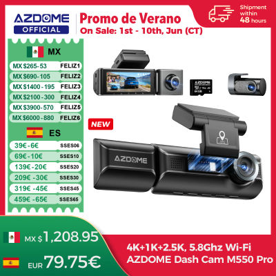 Nueva Cámara para Auto AZDOME 4K M550 Pro, Delantera, Trasera e Interior, 3 en 1, con Monitor de Estacionamiento 24H, Supercondensador, 5G WIFI, GPS, ADAS, DVR