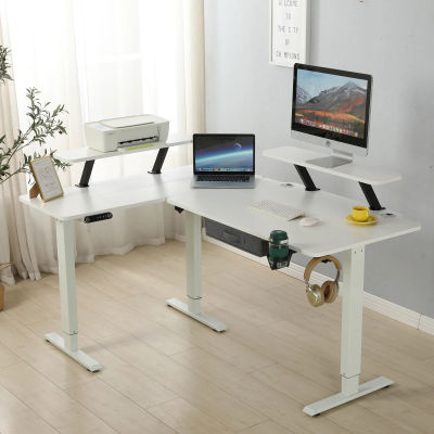 Escritorio en forma de L Radlove de 160 cm, eléctrico, ajustable en altura, con soporte para monitor y cajón, color blanco.