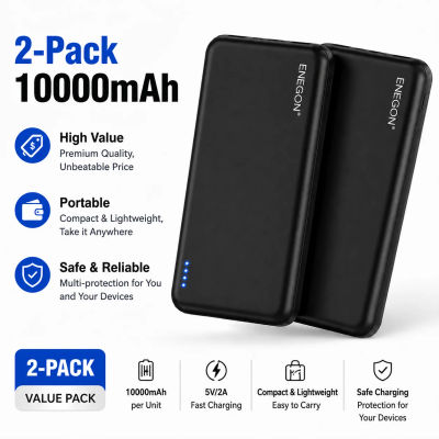 ENEGON Paquete de 2 baterías externas portátiles de 10000 mAh, 5 V/2,4 A con indicador LED, cargador de teléfono compacto para iPhone, teléfonos inteligentes Android, viajes y camping