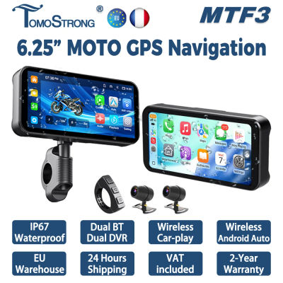 Tomostrong Navegador GPS para Motocicleta de 6.25 Pulgadas, Pantalla Impermeable IP67, Compatible con Carplay Inalámbrico, Android Auto, Doble BT, DVR, Grabador de Conducción, Monitor para Moto