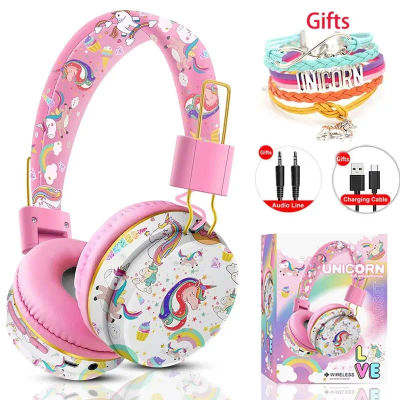 Audífonos Unicornio para Niños, Auriculares Bluetooth Inalámbricos y con Cable de 3.5mm, Auriculares Estéreo para Música, para la Escuela y Viajes, con Regalos