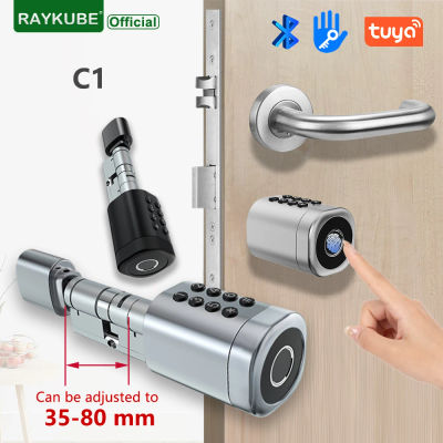RAYKUBE-cerradura cilíndrica inteligente C1, dispositivo con Bluetooth, aplicación Tuya/TTlock, código de huella dactilar, tarjeta IC, Universal, de fácil instalación