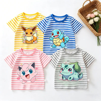 Camiseta con rayas de Pokémon de dibujos animados, camisetas bonitas de Pikachu Eevee Bulbasaur para bebés, camisetas de verano Kawaii para niños pequeños, camisetas de manga corta