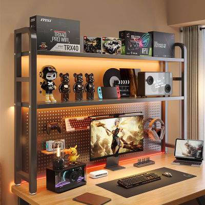 Organizador de Escritorio con Panel Perforado, Estantería de Hierro para Oficina en Casa, Estante de Almacenamiento de Múltiples Niveles para Monitor y Accesorios