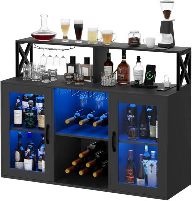 Mueble Bar con Iluminación LED y Enchufes, Mueble Bar Estilo Rústico, Aparador de Madera con Estantes para Vinos y Portavasos para Cocina, Comedor, Sala de Estar