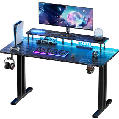 Escritorio para Juegos NEBMAAX, Superficie de Fibra de Carbono Resistente, Estructura de Acero Doble en Forma de I, Luces LED RGB, Soporte para Monitor con Portavasos y Gancho para Auriculares para