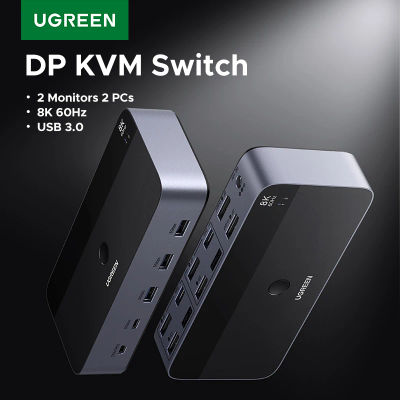 UGREEN 8K 60Hz DP KVM Switch 2 Monitores 2 Piezas USB 3.0 Compartir Teclado Ratón Monitor con HDR 3D para Impresora de Escritorio